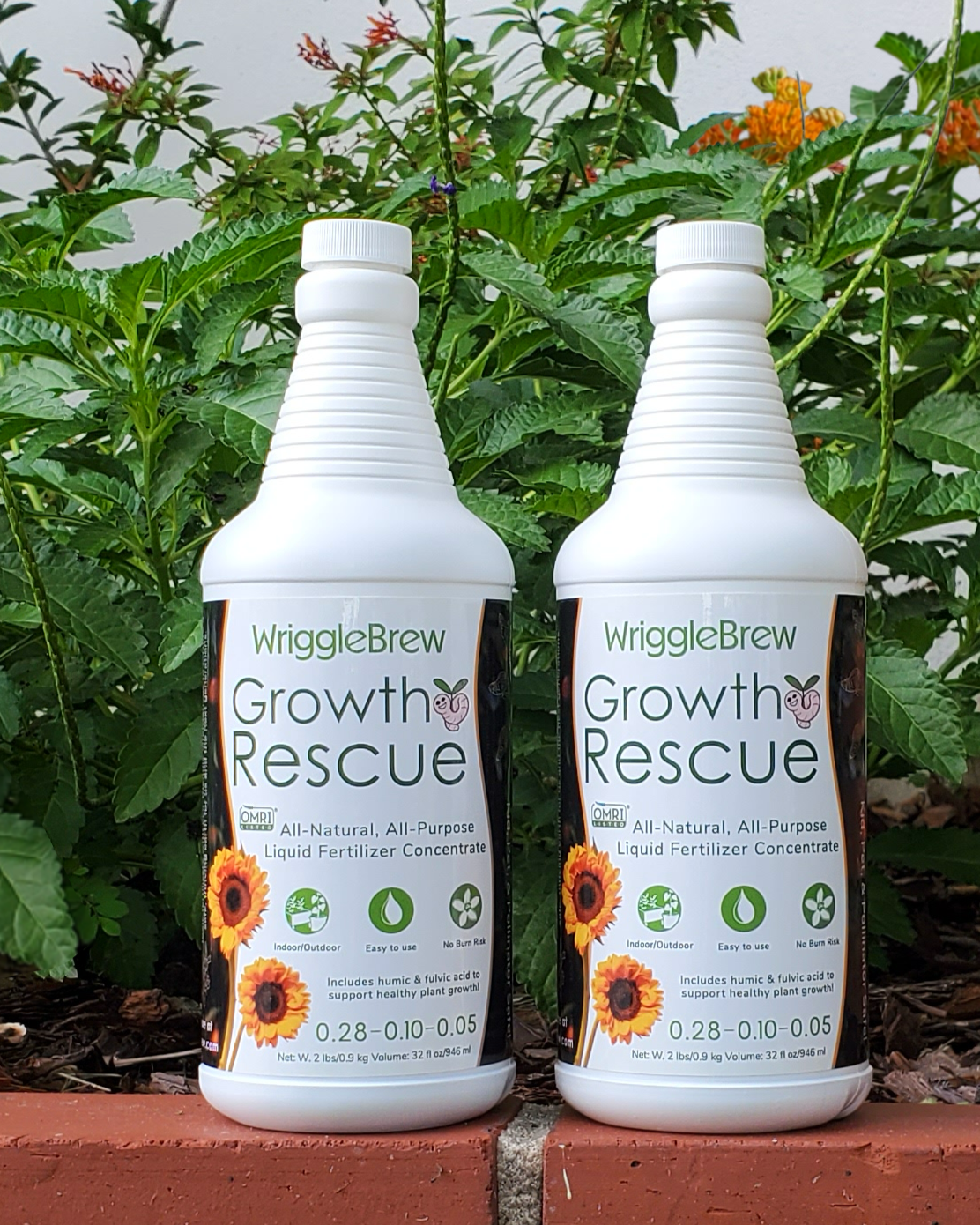 Two bottles of WiggieBrew Growth Rescue on a garden background